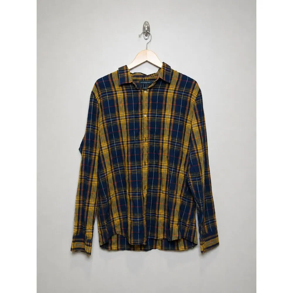 Banana Republic XL Tall Slim Fit Plaid Shirt Navy Gold Untucked Cotton Men's